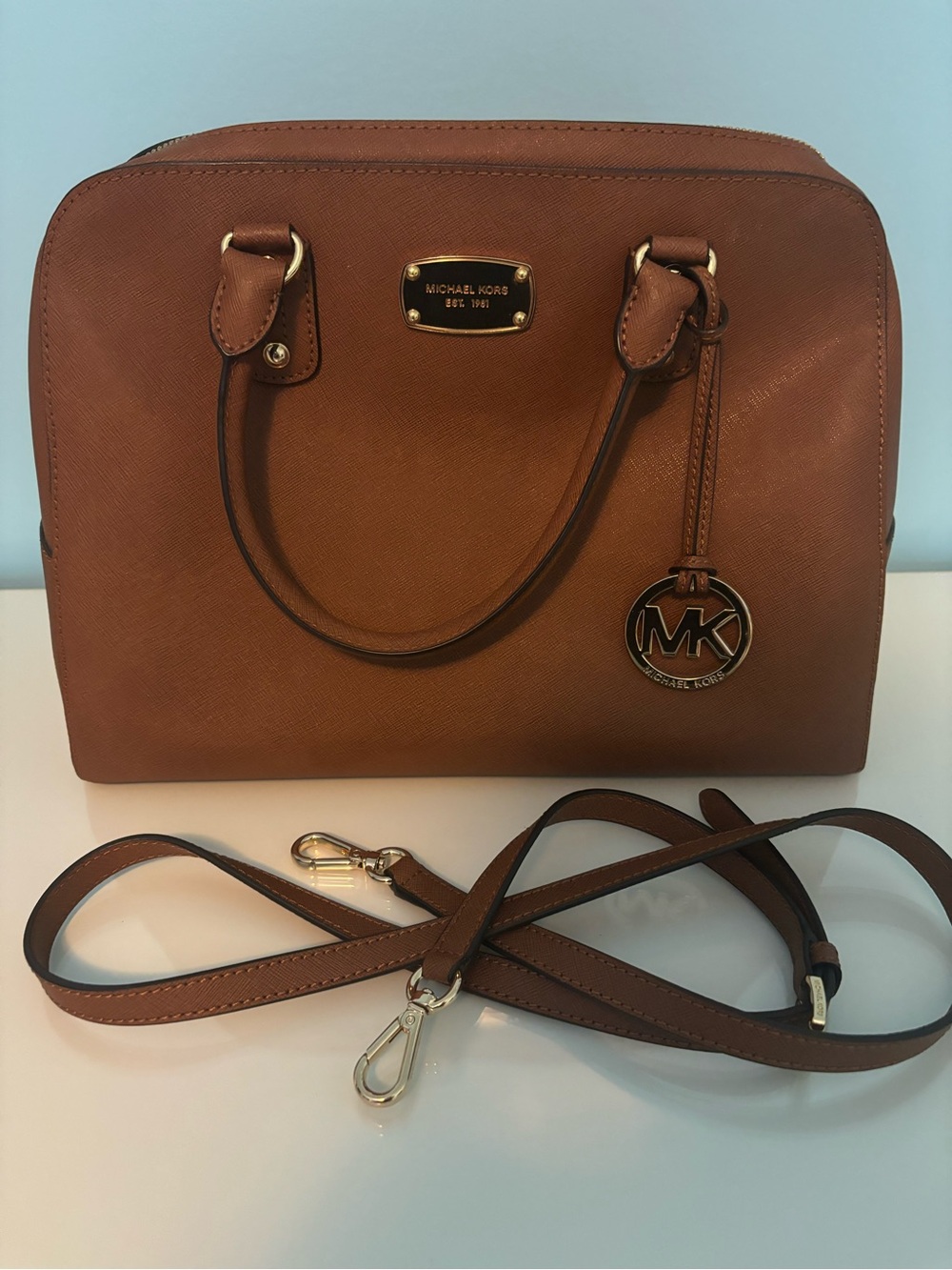Michael Kors Chestnut Saffiano Leather Satchel with Gold Hardware